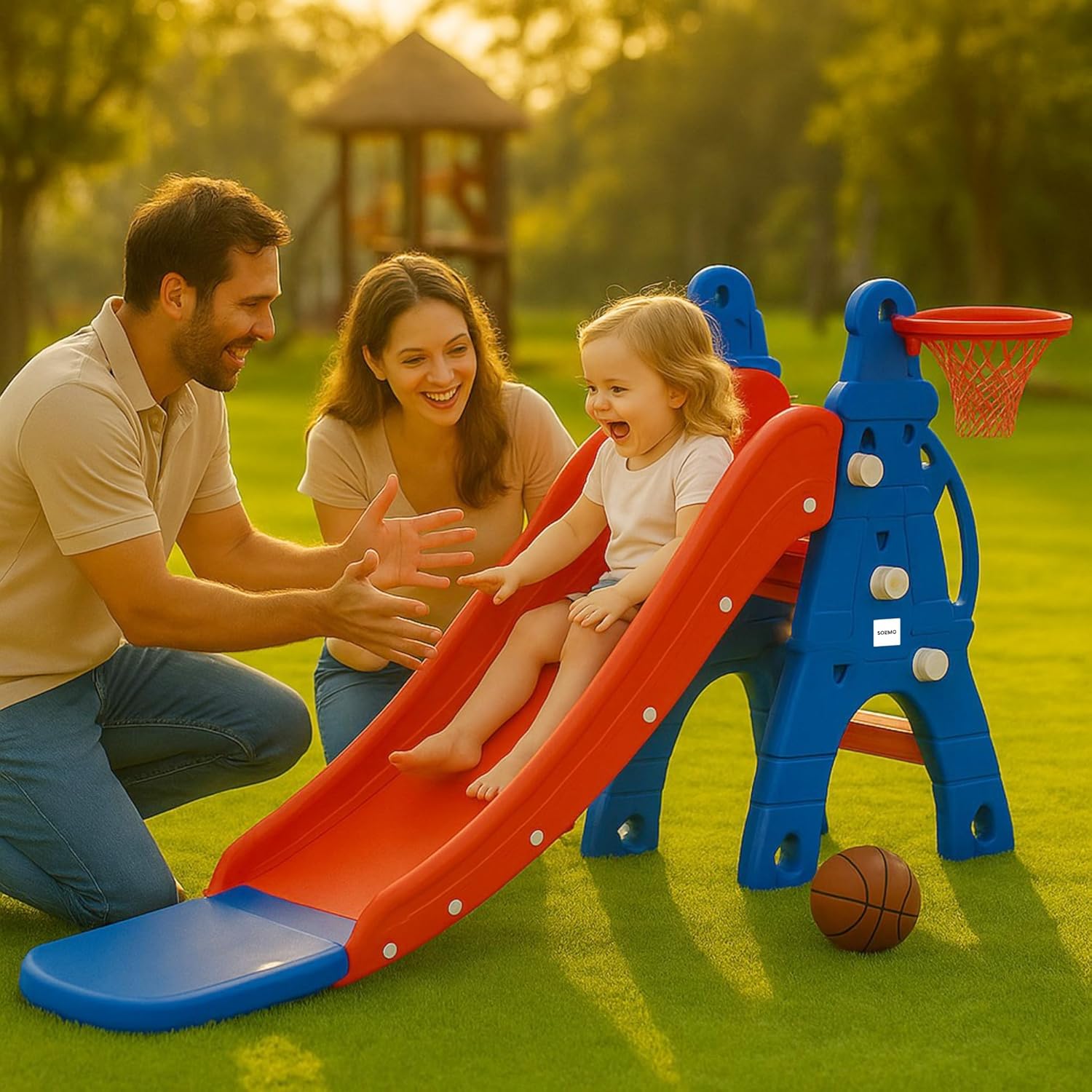 Amazon Brand - Solimo Modern Castle Slide with Basketball for Indoor & Outdoor Use | Kids 2-8Years Old | Safe & Fun |Toy for Kids |Easy Assembly |30kg Weight Capacity, Multicolor