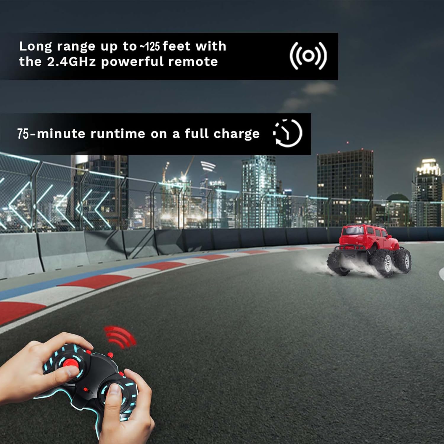 popsugar Off Roader Rechargeable Remote Control Car | RC Car Monster Truck | 4 Headlight Modes | Lithium Battery | C-Type Charging | Remote Control Car for Kids | Made in India, Red