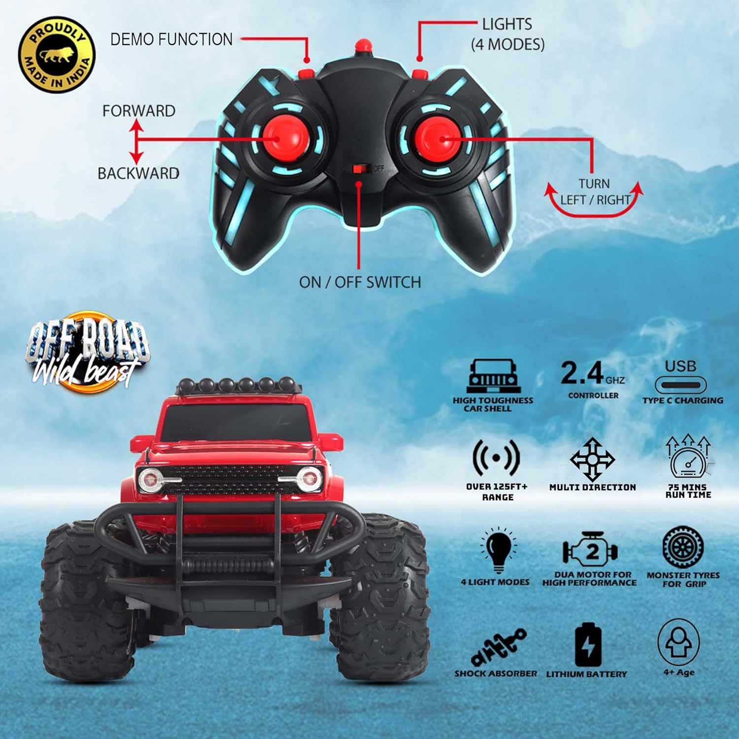 popsugar Off Roader Rechargeable Remote Control Car | RC Car Monster Truck | 4 Headlight Modes | Lithium Battery | C-Type Charging | Remote Control Car for Kids | Made in India, Red