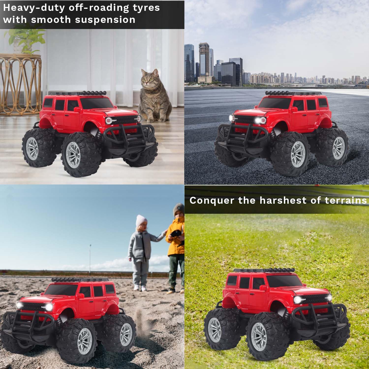 popsugar Off Roader Rechargeable Remote Control Car | RC Car Monster Truck | 4 Headlight Modes | Lithium Battery | C-Type Charging | Remote Control Car for Kids | Made in India, Red