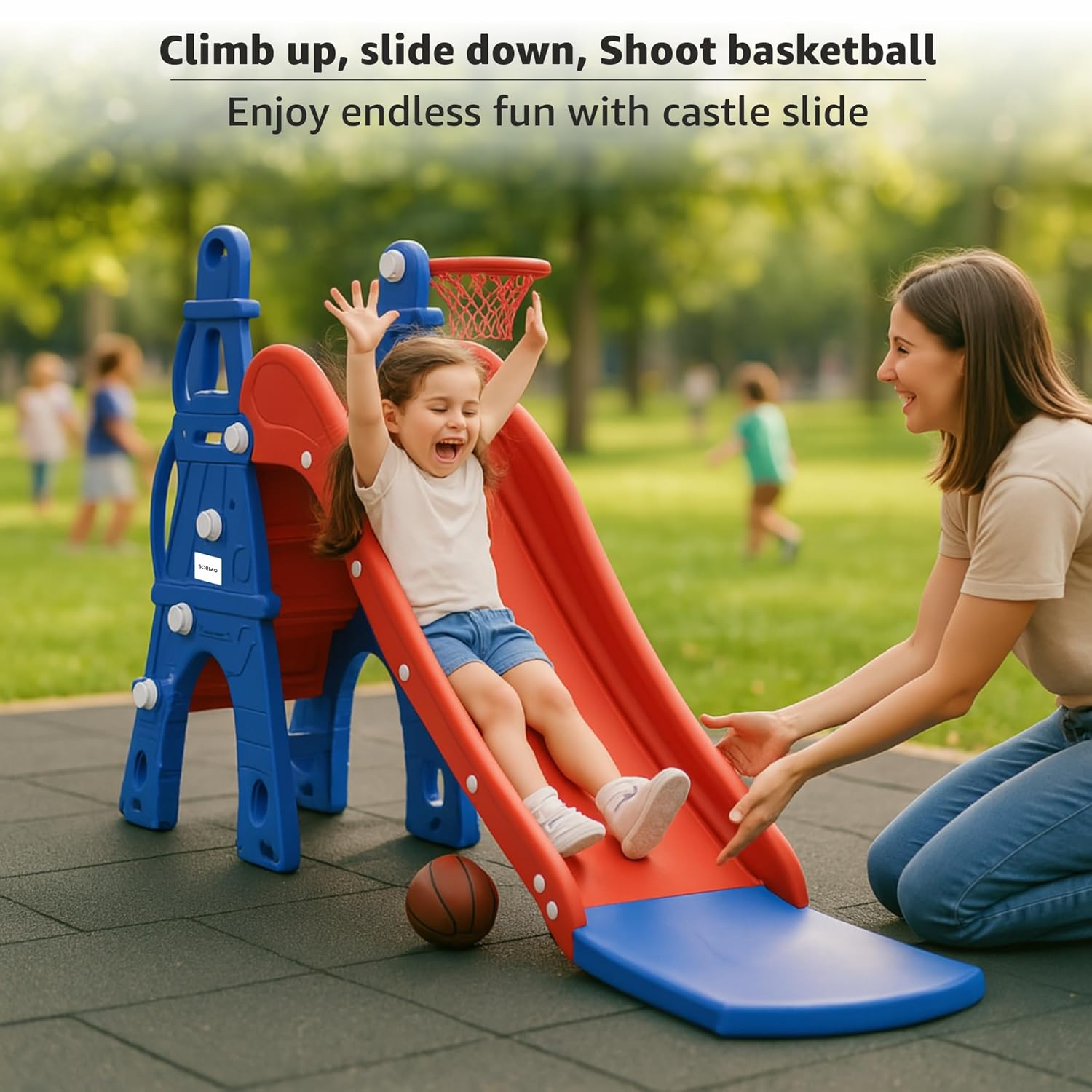 Amazon Brand - Solimo Modern Castle Slide with Basketball for Indoor & Outdoor Use | Kids 2-8Years Old | Safe & Fun |Toy for Kids |Easy Assembly |30kg Weight Capacity, Multicolor